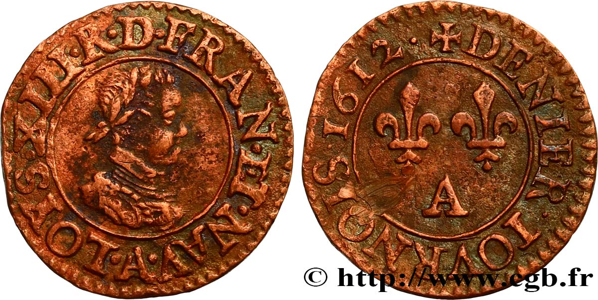 LOUIS XIII LE JUSTE Denier tournois, type 1 de Paris 1612 Paris TTB