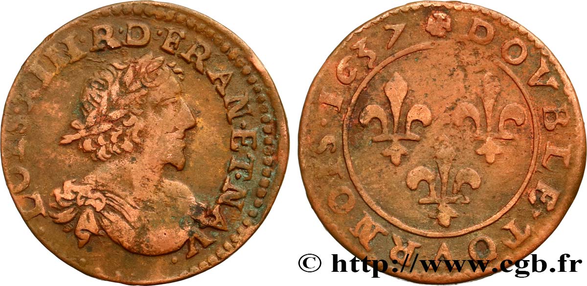 LOUIS XIII LE JUSTE Double tournois au grand buste viril drapé 1637 Vallée du Rhône TB