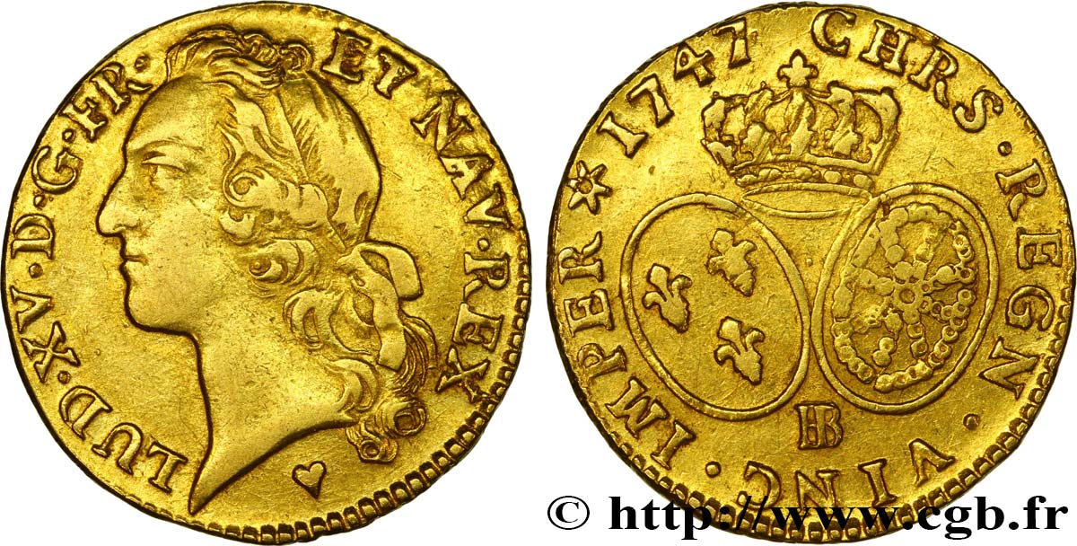 LOUIS XV THE BELOVED Louis d’or aux écus ovales, tête ceinte d’un bandeau 1747 Strasbourg XF