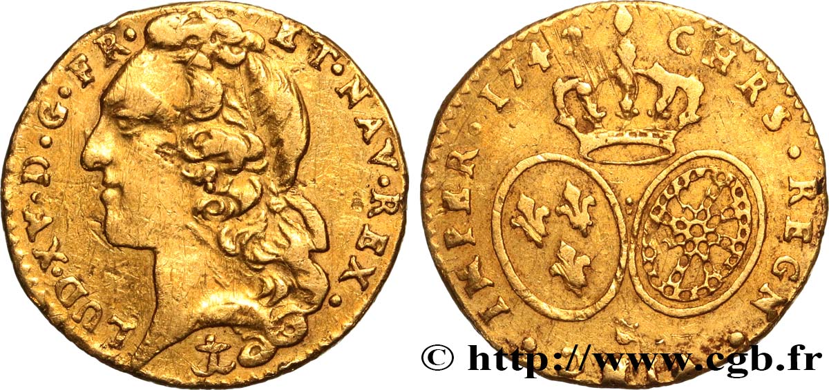 LOUIS XV THE BELOVED Demi-louis d’or aux écus ovales, tête ceinte d’un bandeau 1742 Aix-en-Provence XF/VF