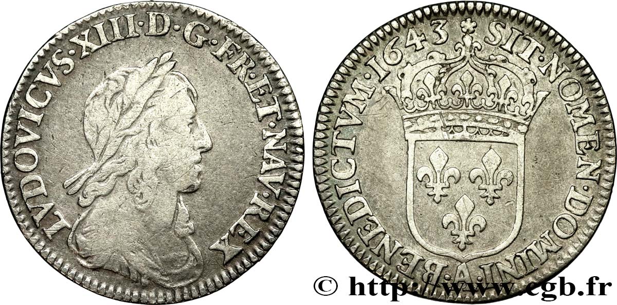 LOUIS XIII LE JUSTE Douzième d écu, buste drapé et cuirassé (2e buste de Jean Warin) 1643 Paris, Monnaie de Matignon TB+/TTB