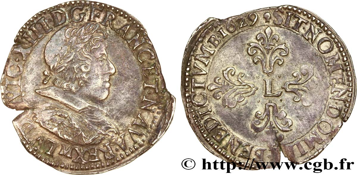 LOUIS XIII  Demi-franc au buste juvénile lauré au petit col plat 1629 Toulouse AU