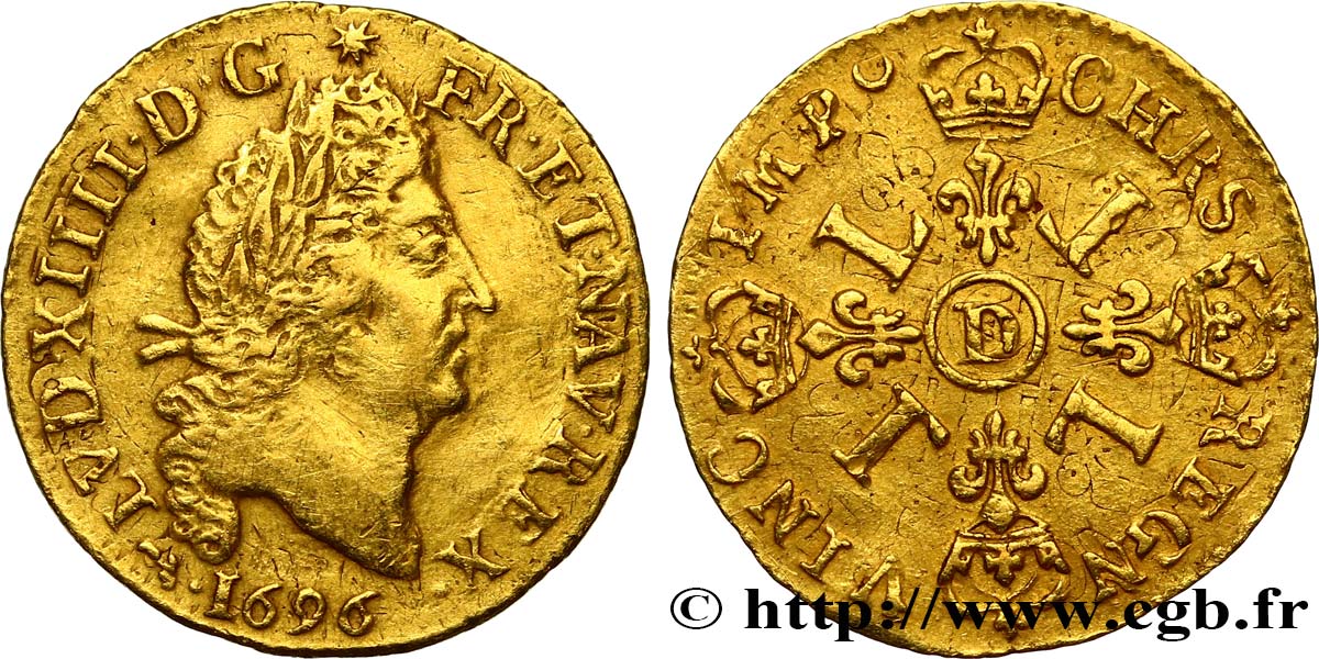 LOUIS XIV  THE SUN KING  Demi-louis d or aux quatre L 1696 Lyon q.BB/BB