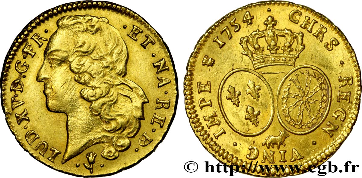 LOUIS XV  THE WELL-BELOVED  Double louis d’or aux écus ovales, tête ceinte d’un bandeau 1754 Pau VZ