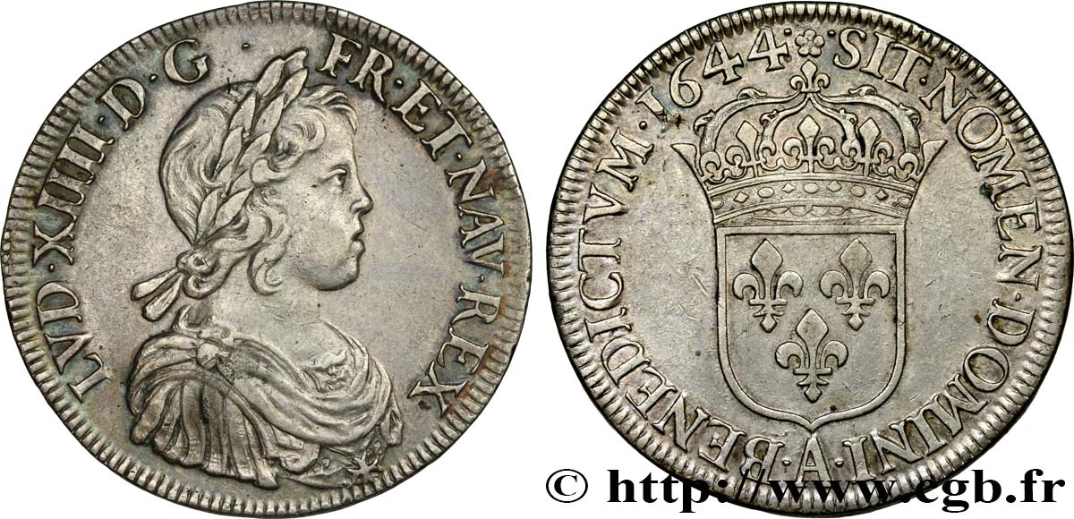 LOUIS XIV  THE SUN KING  Écu, portrait à la mèche courte 1644 Paris, Monnaie de Matignon AU/AU
