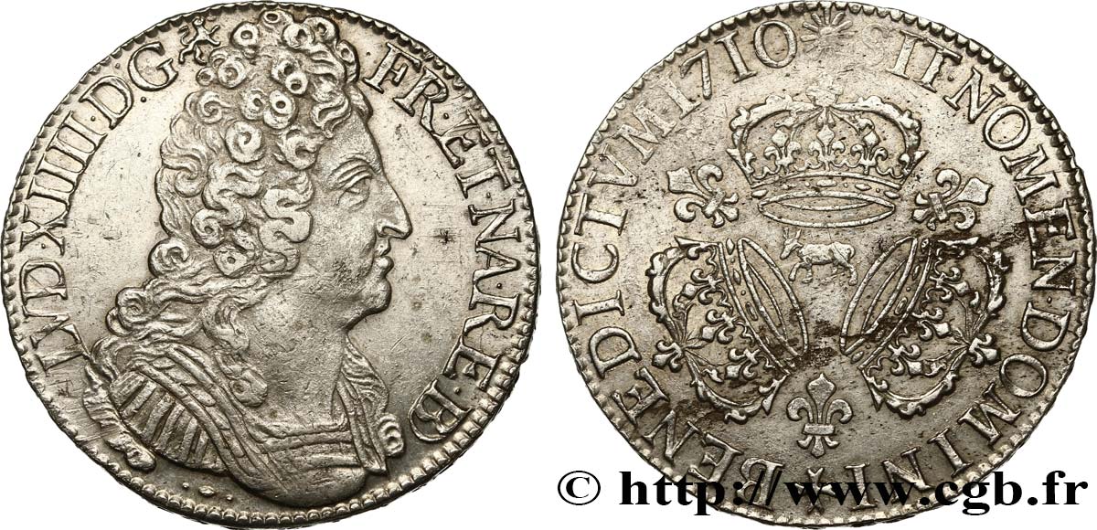 LOUIS XIV  THE SUN KING  Écu aux trois couronnes 1710 Pau q.SPL