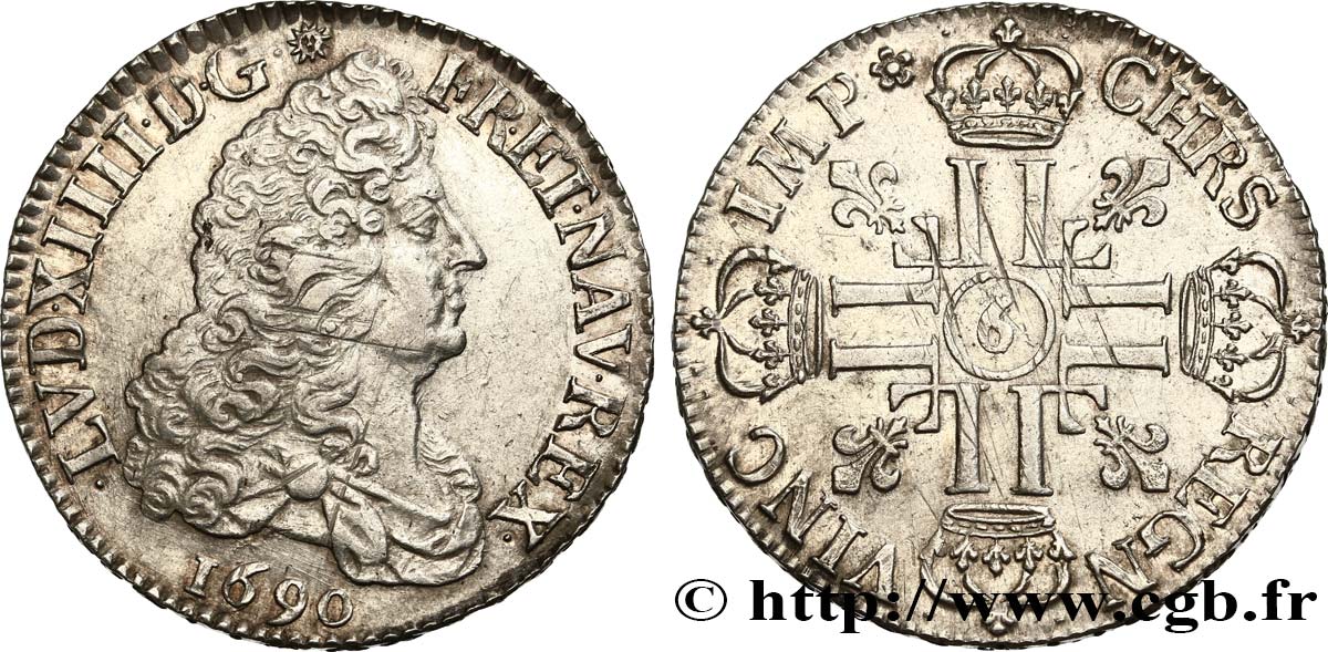 LOUIS XIV  THE SUN KING  Écu aux huit L, 1er type 1690 Rennes q.SPL