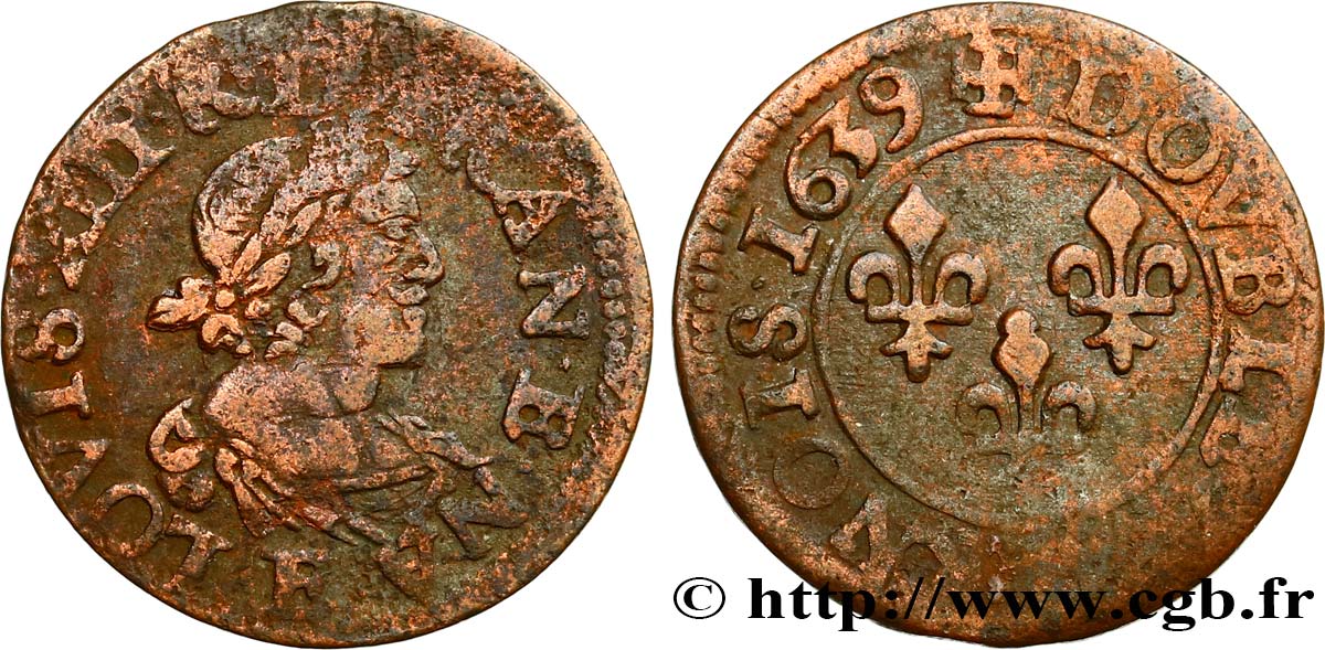 LOUIS XIII LE JUSTE Double tournois, 19e type 1639 Tours TB