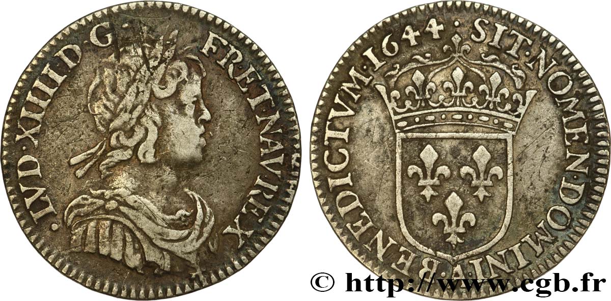 LOUIS XIV  THE SUN KING  Douzième d écu, portrait à la mèche courte 1644 Paris, Monnaie de Matignon XF