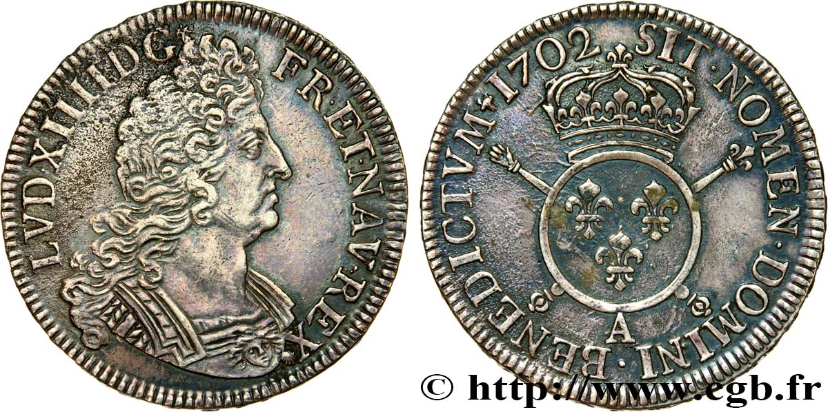 LOUIS XIV  THE SUN KING  Demi-écu aux insignes 1702 Paris XF