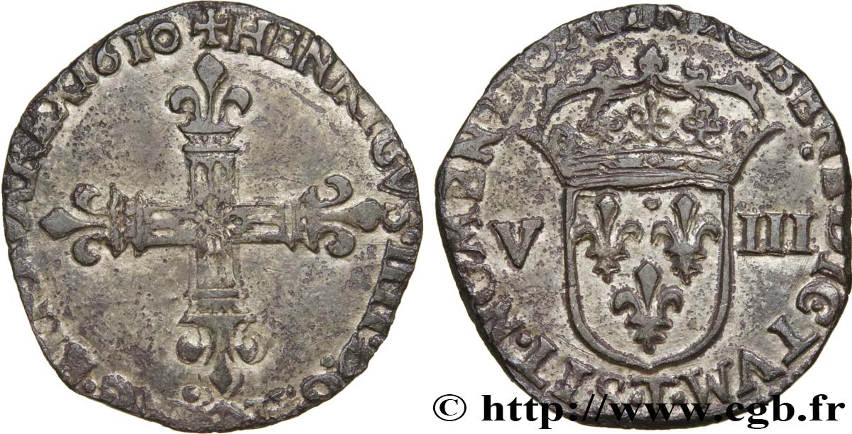 HENRI IV LE GRAND Huitième d écu, croix bâtonnée et fleurdelisée de face 1610 Nantes TB+