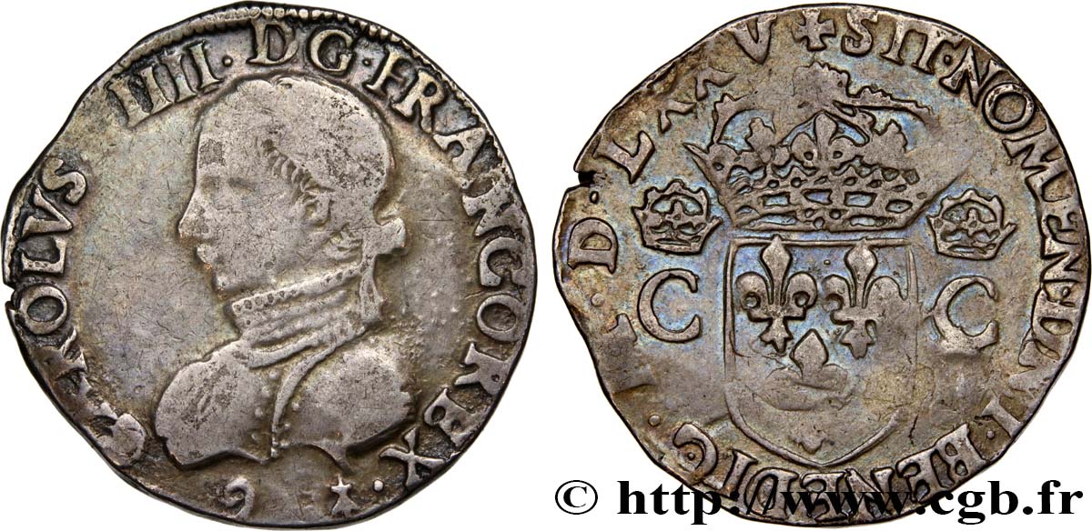 HENRY III. COINAGE AT THE NAME OF CHARLES IX Teston, 2e type 1575 (MDLXXV) Rennes fSS