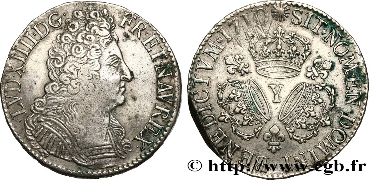 LOUIS XIV  THE SUN KING  Écu aux trois couronnes 1710 Bourges VF