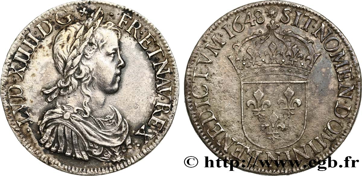 LOUIS XIV  THE SUN KING  Écu, portrait à la mèche longue 1648 Montpellier q.SPL/BB