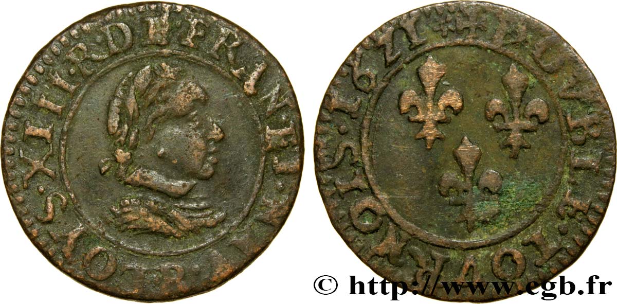 LOUIS XIII LE JUSTE Double tournois, buste adolescent au col relevé, (6e portrait) 1621 Saint-André de Villeneuve-lès-Avignon TB+