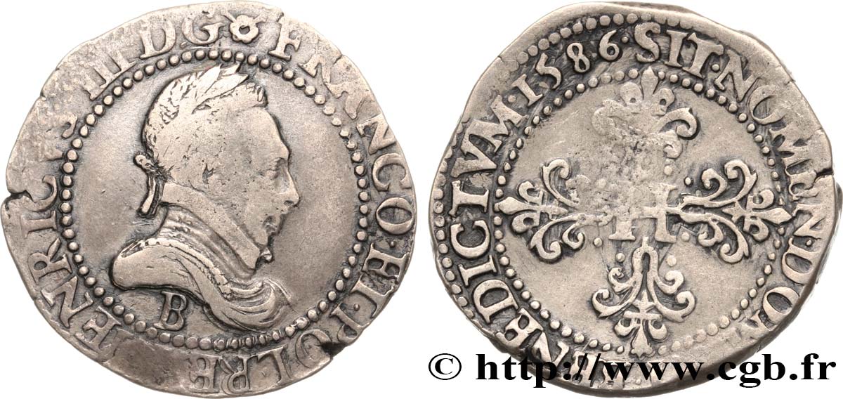 HENRY III Franc au col plat 1586 Rouen q.BB