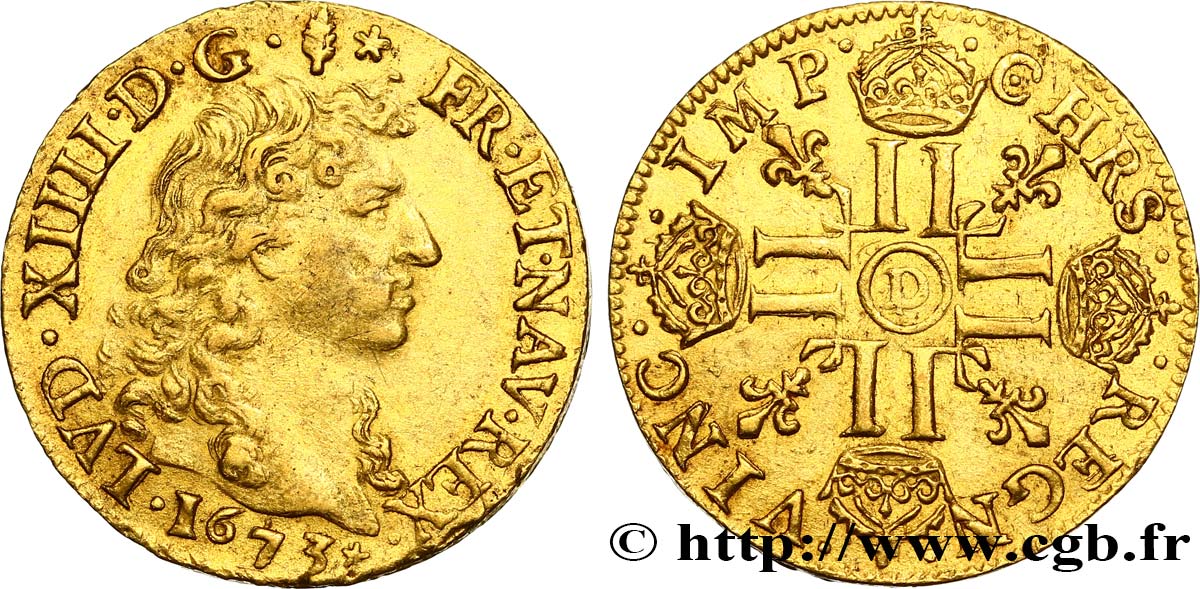 LOUIS XIV  THE SUN KING  Louis d or aux huit L, portrait à la tête nue 1673 Lyon AU