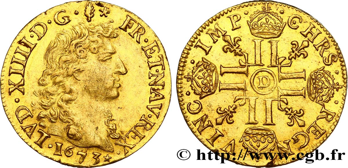 LOUIS XIV  THE SUN KING  Louis d or aux huit L, portrait à la tête nue 1673 Lyon AU/AU