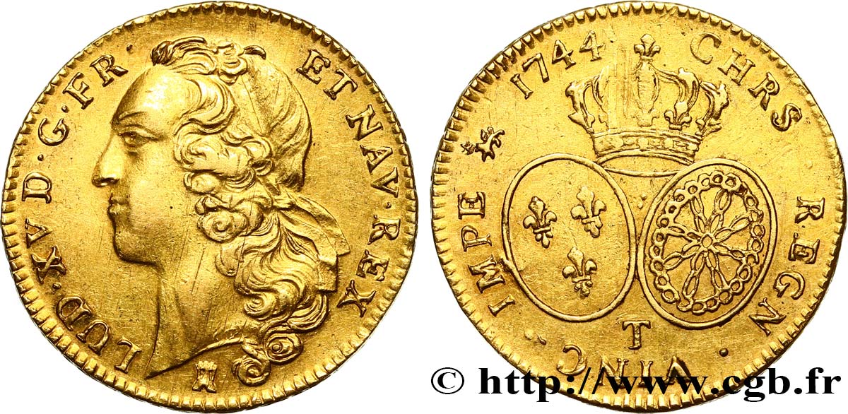 LOUIS XV  THE WELL-BELOVED  Double louis d’or aux écus ovales, tête ceinte d’un bandeau 1744 Nantes MBC