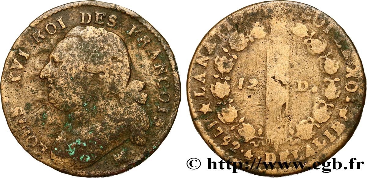 LOUIS XVI (MONARQUE CONSTITUTIONNEL) 12 deniers dit au faisceau , type FRANCOIS 1792 Marseille B+