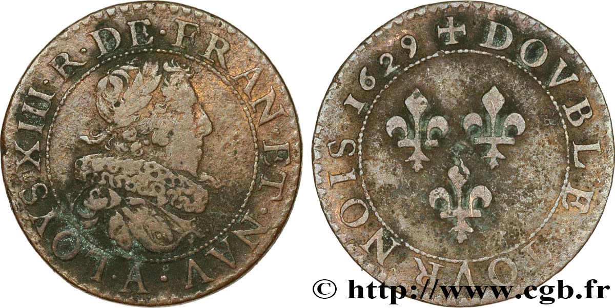 LOUIS XIII LE JUSTE Double tournois, type 6 de Paris 1629 Paris TB/TB+