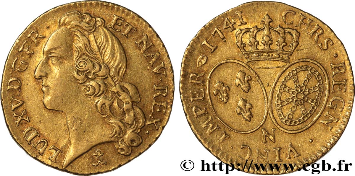 LOUIS XV  THE WELL-BELOVED  Louis d’or aux écus ovales, tête ceinte d’un bandeau 1741 Montpellier VZ