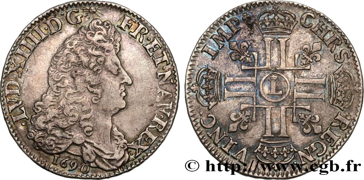 LOUIS XIV  THE SUN KING  Demi-écu aux huit L, 1er type 1690 Lille q.SPL