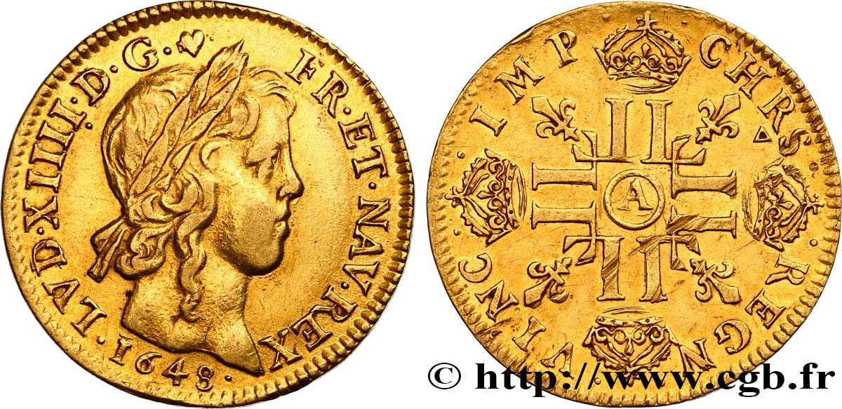 LOUIS XIV  THE SUN KING  Louis d’or aux huit L, portrait à la mèche longue 1648 Paris MBC+