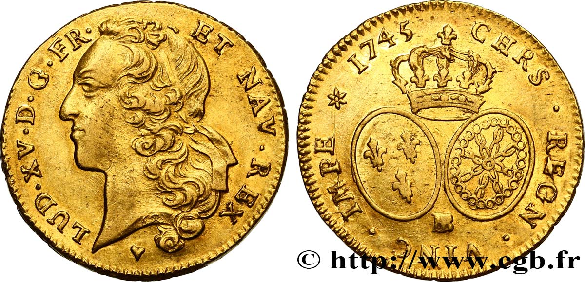 LOUIS XV  THE WELL-BELOVED  Double louis d’or aux écus ovales, tête ceinte d’un bandeau 1745 Strasbourg VZ/fVZ