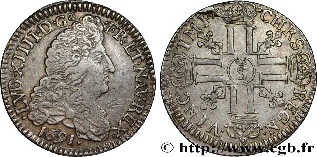LOUIS XIV  THE SUN KING  Quart d écu aux huit L, 1er type 1691 Troyes BB/q.SPL