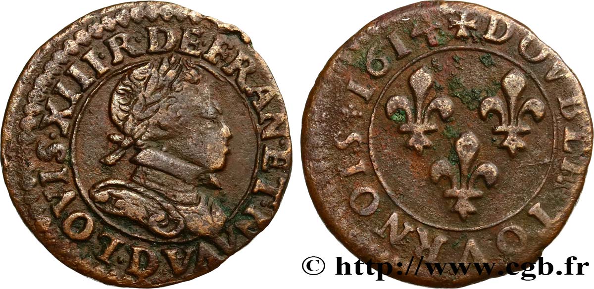LOUIS XIII LE JUSTE Double tournois, type 3 1614 Lyon TB+