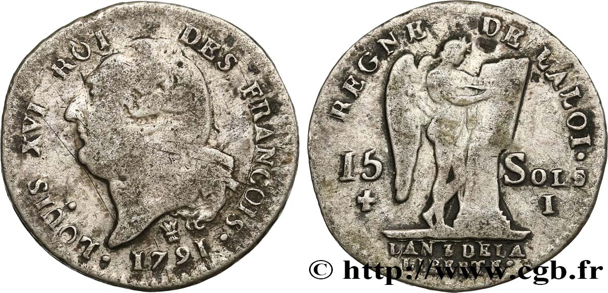 LOUIS XVI (MONARQUE CONSTITUTIONNEL) 15 sols dit au génie , type FRANCOIS 1791 Limoges TB