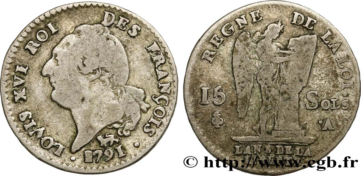 LOUIS XVI (MONARQUE CONSTITUTIONNEL) 15 sols dit au génie , type FRANÇOIS 1791 Paris B+