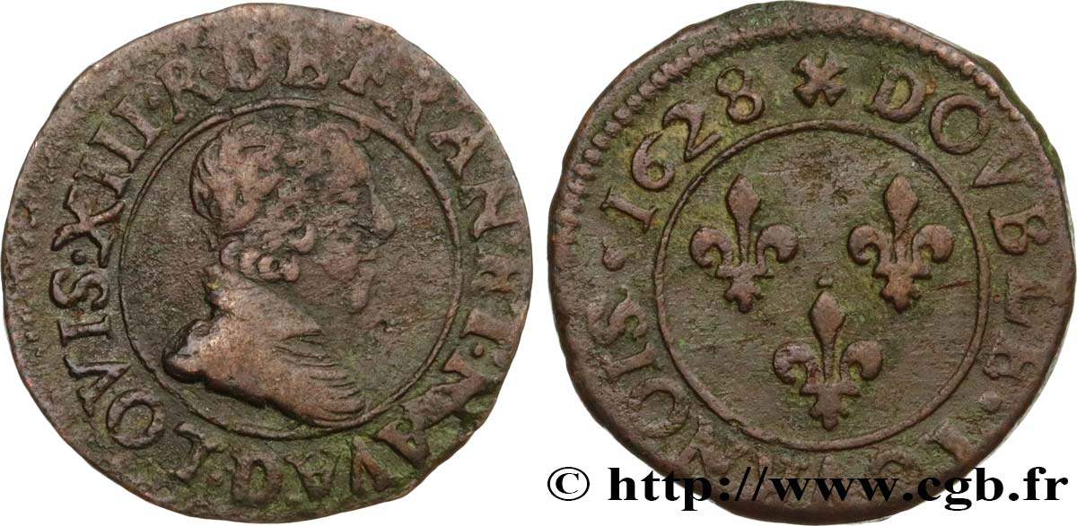LOUIS XIII LE JUSTE Double tournois, 6e type 1628 Lyon TB