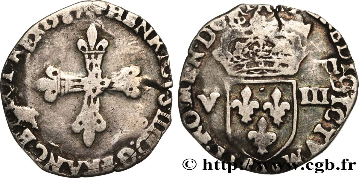 HENRI III Huitième d écu, croix de face 1587 Rennes TB+