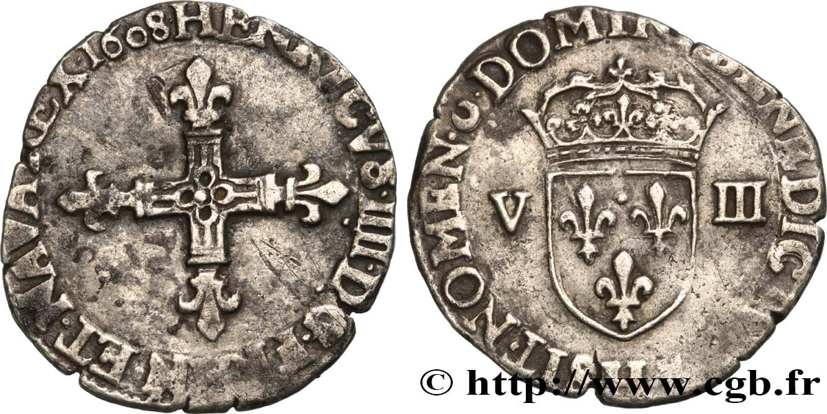 HENRY IV Huitième d écu, croix bâtonnée et fleurdelisée de face 1608 La Rochelle VF