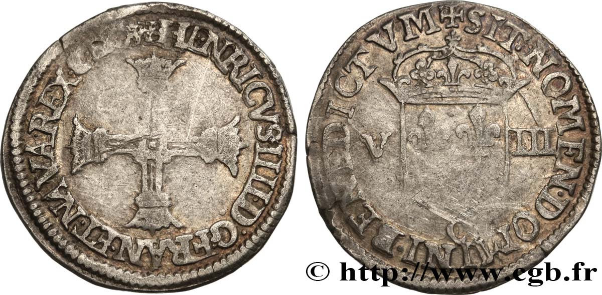 HENRY IV Huitième d écu, croix batonnée et couronnée de face 1603 Saint-Lô VF