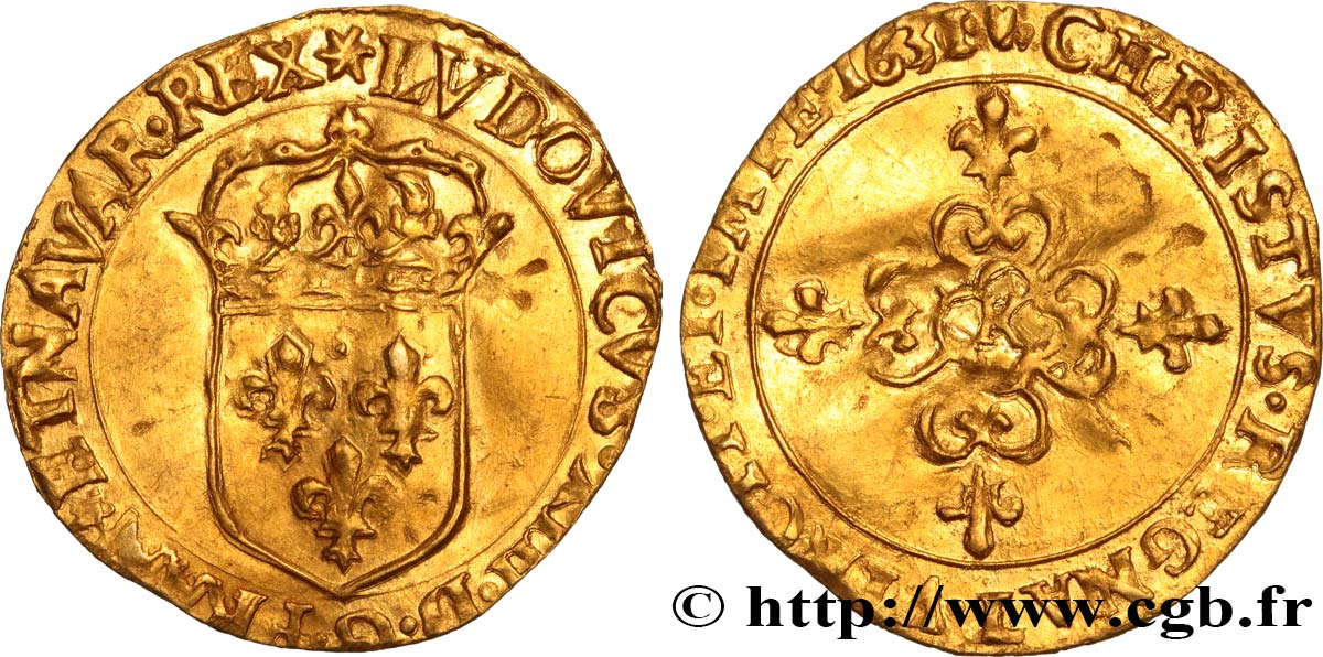 LOUIS XIII LE JUSTE Écu d or au soleil, à la croix anillée fleurdelisée 1631 Bordeaux TTB