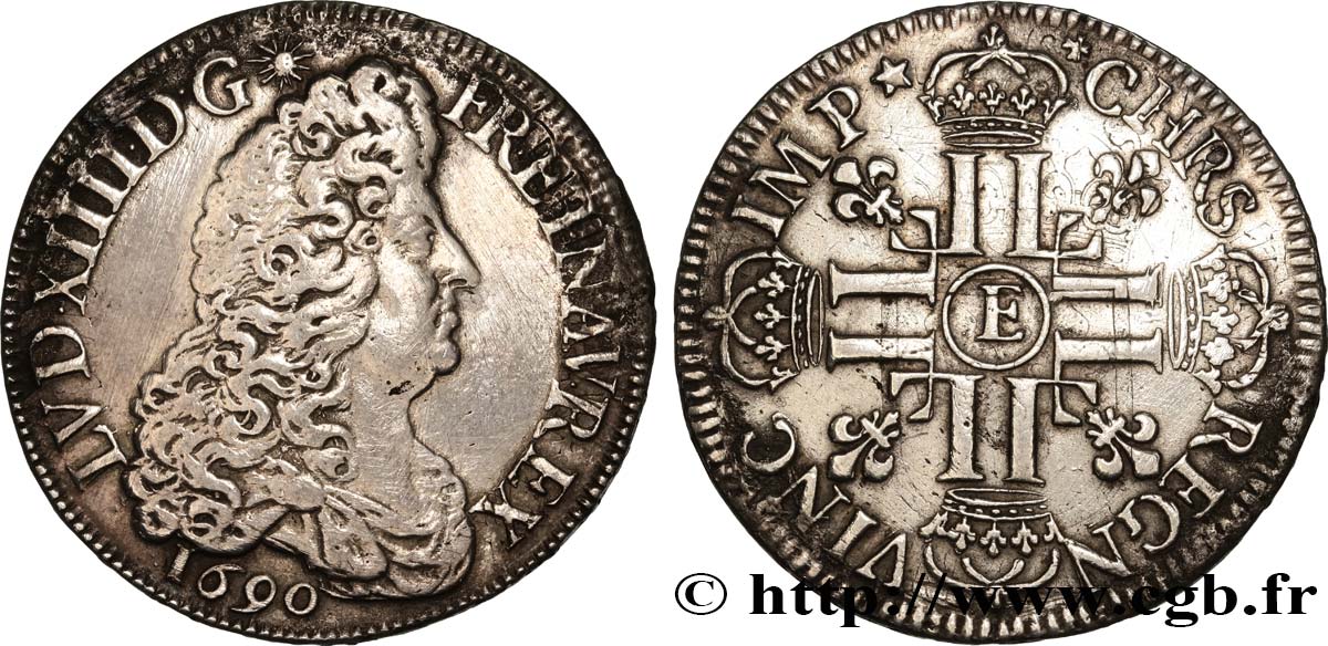 LOUIS XIV  THE SUN KING  Écu aux huit L, 1er type 1690 Tours VF