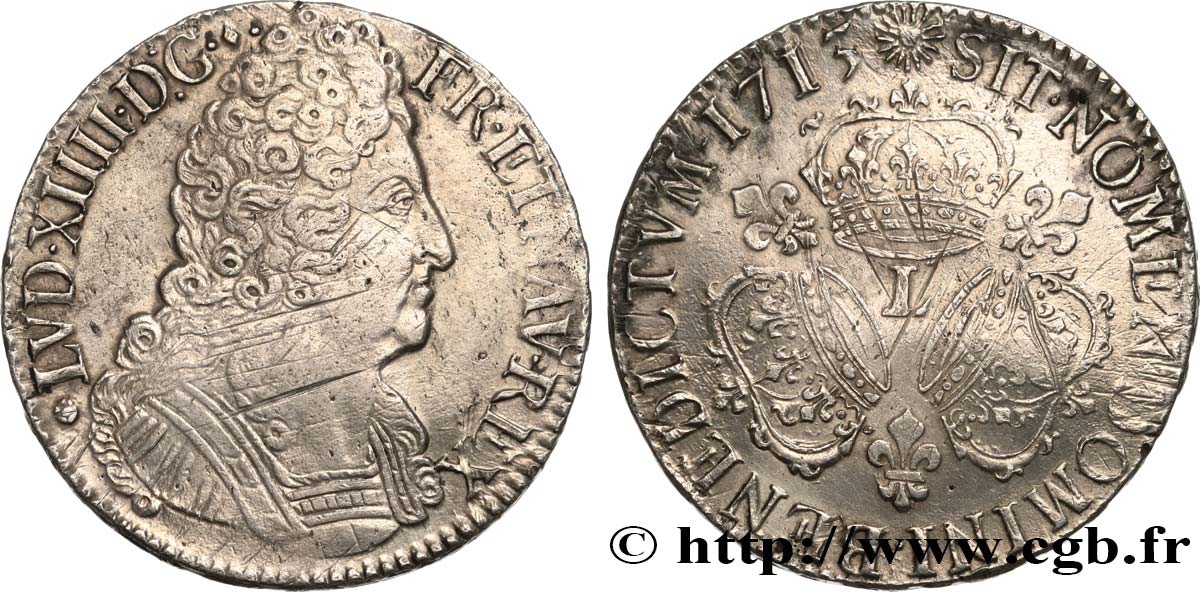 LOUIS XIV  THE SUN KING  Écu aux trois couronnes 1713 Bayonne XF