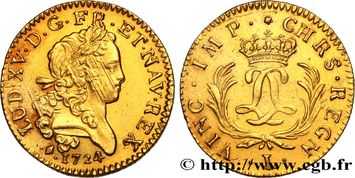 LOUIS XV THE BELOVED Louis d or aux deux L entrelacées et aux palmes longues 1724 Bayonne AU