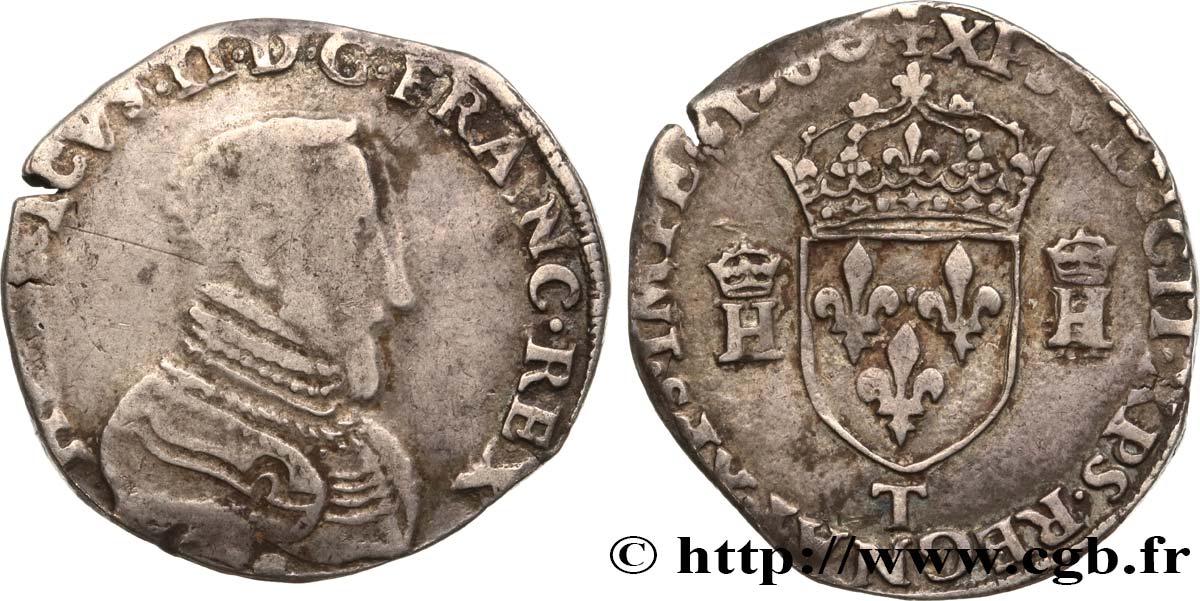CHARLES IX COINAGE IN THE NAME OF HENRY II Teston à la tête nue, 1er type 1560 Nantes VF/VF