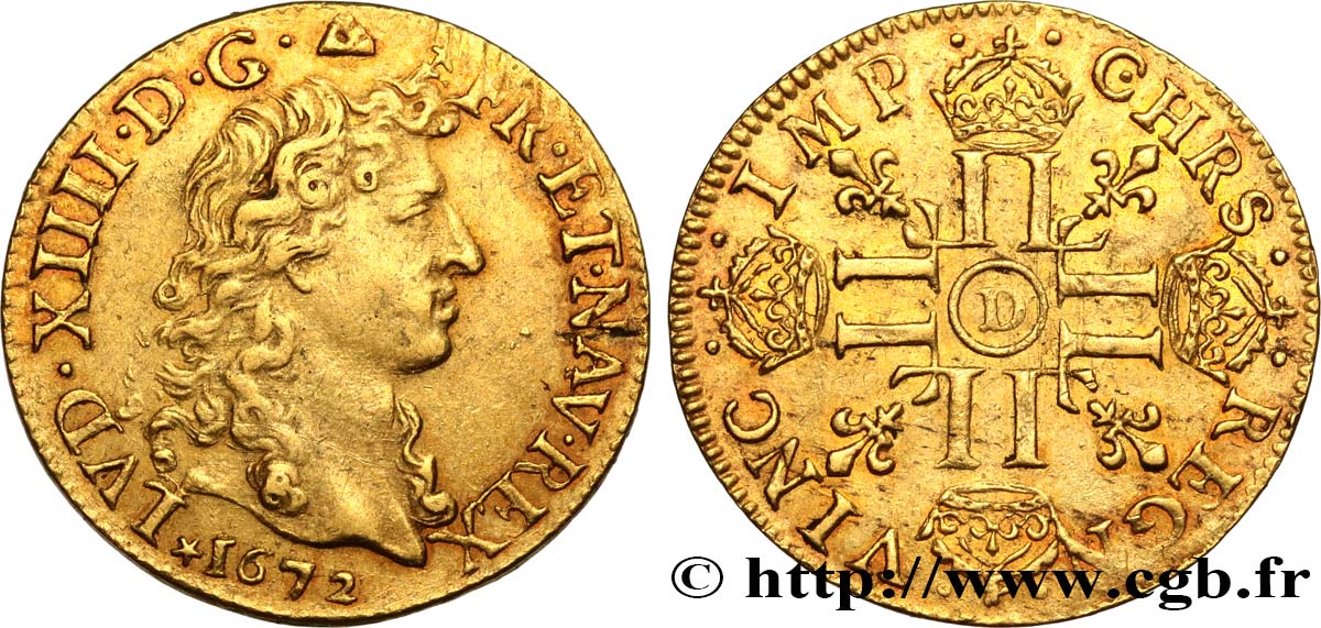 LOUIS XIV  THE SUN KING  Louis d or aux huit L, portrait à la tête nue 1672 Lyon AU