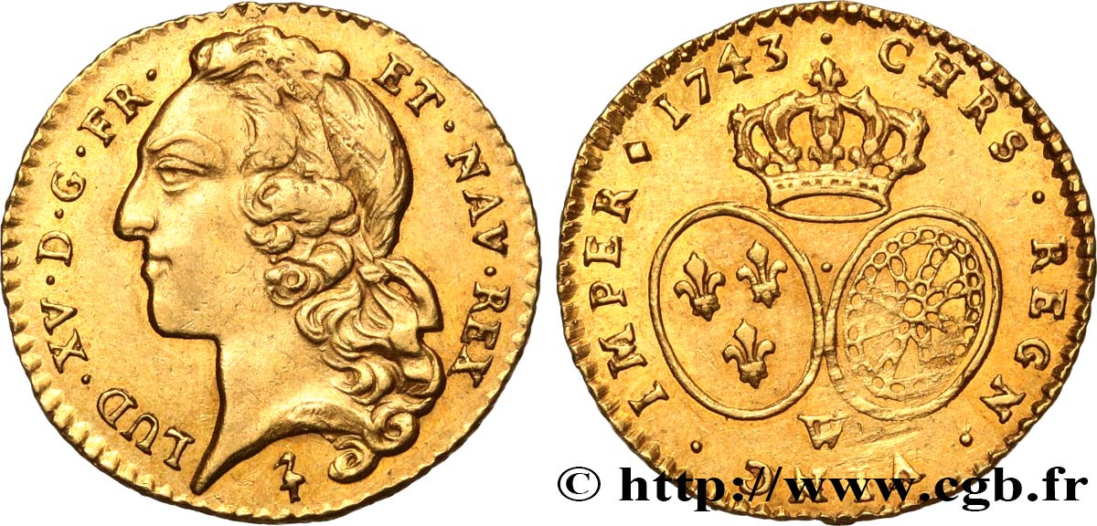 LOUIS XV THE BELOVED Demi-louis d’or aux écus ovales, tête ceinte d’un bandeau 1743 Lille AU