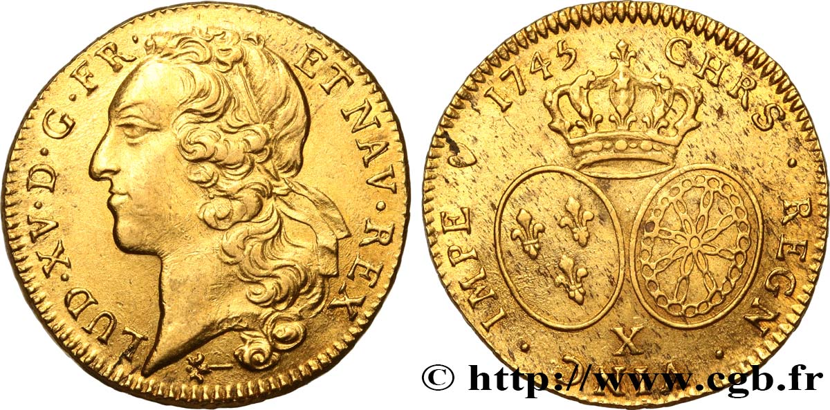 LOUIS XV THE BELOVED Double louis d’or aux écus ovales, tête ceinte d’un bandeau 1745 Amiens AU