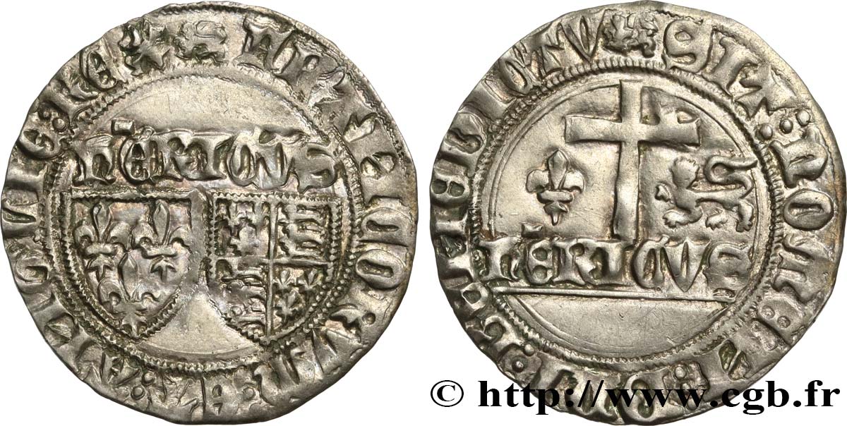 HENRY VI DE LANCASTRE - ROI DE FRANCE (1422-1453) - ROI D ANGLETERRE (1422-1461) et (1470-1471) Blanc aux écus n.d. Rouen TTB