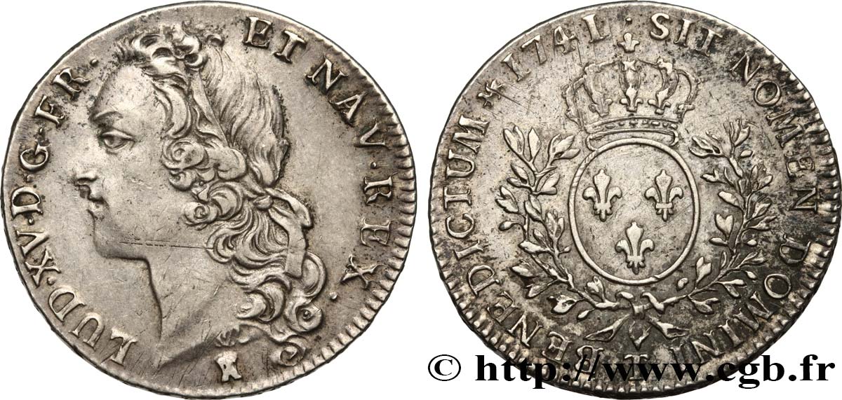 LOUIS XV  THE WELL-BELOVED  Demi-écu aux branches d’olivier, tête ceinte d’un bandeau 1741 Nantes AU