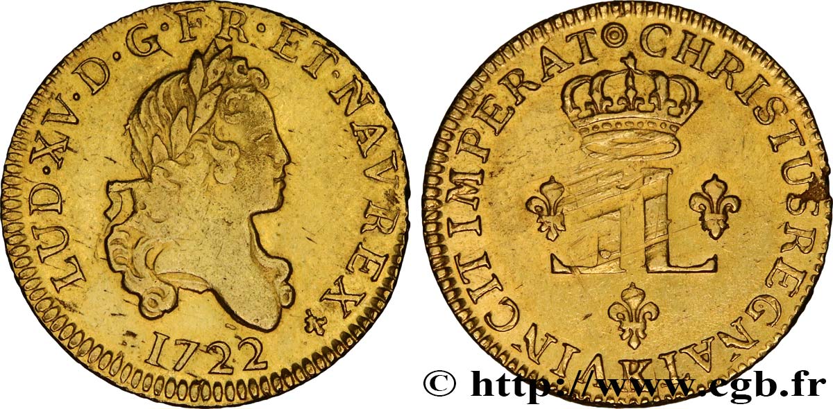 LOUIS XV THE BELOVED Louis d or aux deux L couronnées 1722 Bordeaux AU
