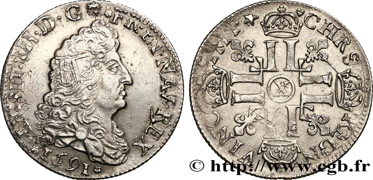 LOUIS XIV  THE SUN KING  Quart d écu aux huit L, 1er type 1691 Amiens AU