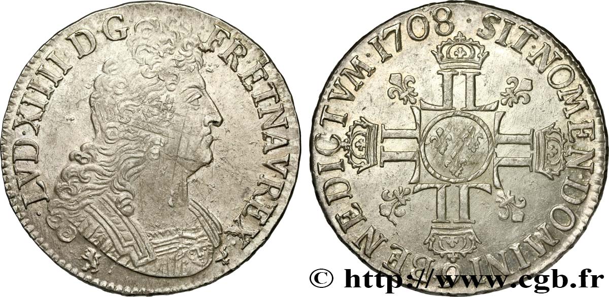 LOUIS XIV  THE SUN KING  Écu aux huit L, 2e type 1708 Rennes AU/MS